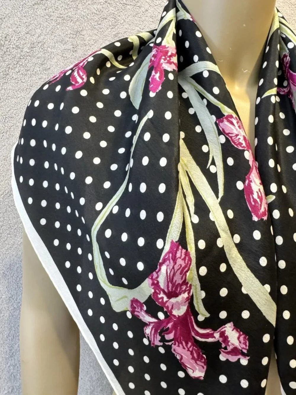 Vintage SILK Scarf, Black & White Polka Dots with Pink Florals 28.5
